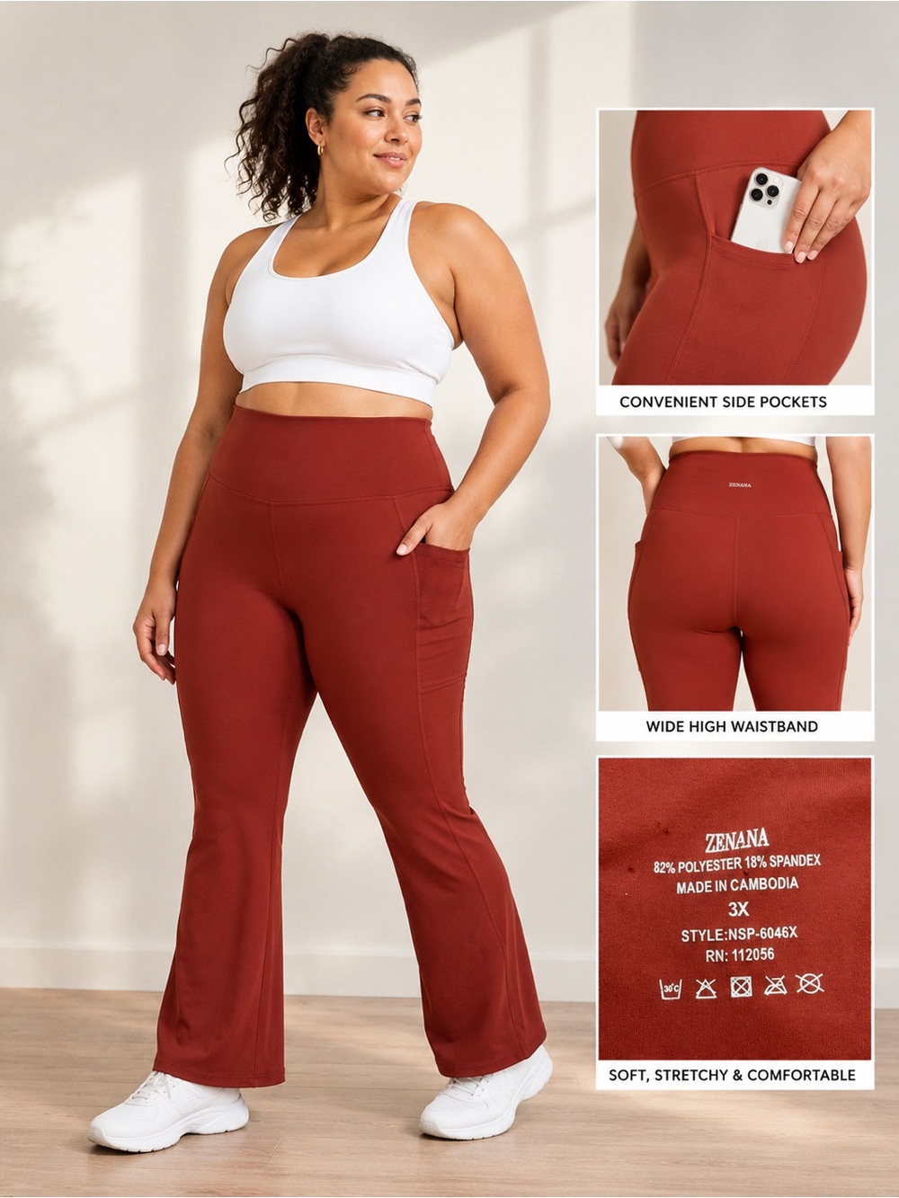 Zenana Flare Leggings Size 3X Rust High-Waisted Yoga Pants w/ Side Pockets